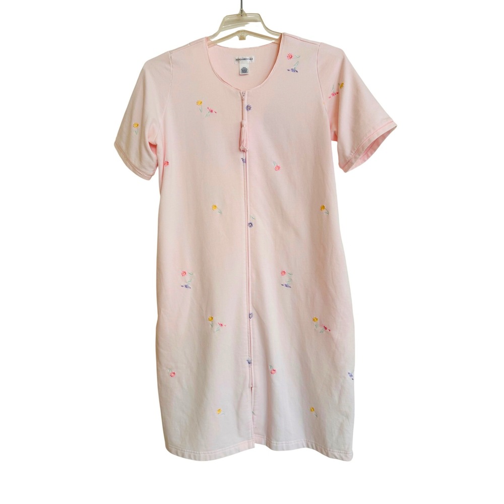 Pink House Coat Robe Floral Embroidered Zip Front Fundamentals Tassel Small Gran